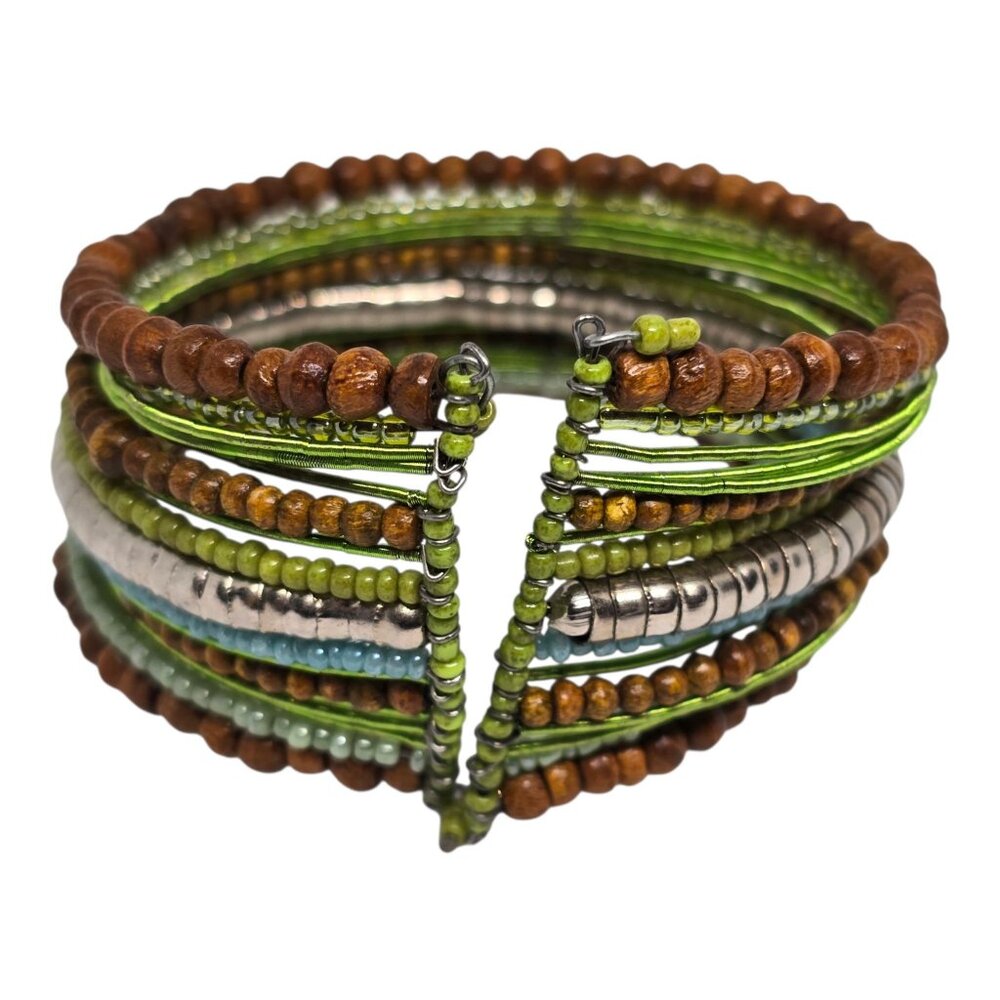Boho Memory Wire Wrap Bracelet Green Wood Bead Multi Strand Coil - Picture 3 of 6